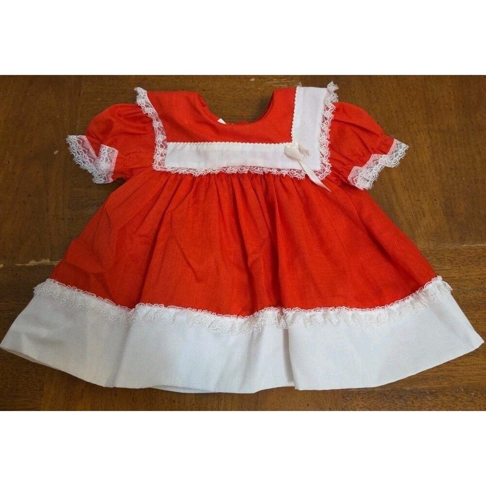 Cutest One Red White Lace Bib Dress Size 9 Months 1980s Vintage USA